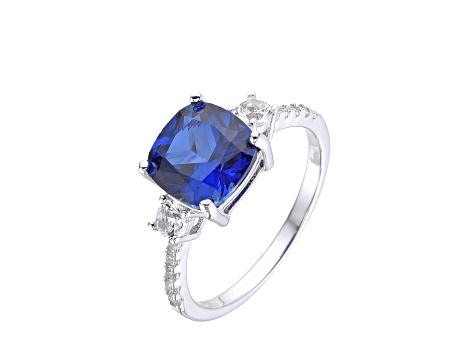 Lab Created Blue Sapphire and White Topaz Rhodium Over Sterling Silver Ring