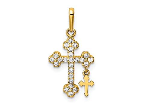 10k Yellow Gold Cubic Zirconia Budded Cross with Cross Dangle Pendant