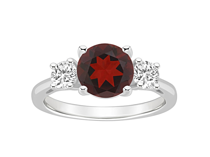 8mm Round Garnet And White Topaz Rhodium Over Sterling Silver 3-Stone Ring