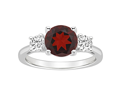 8mm Round Garnet And White Topaz Rhodium Over Sterling Silver 3-Stone Ring