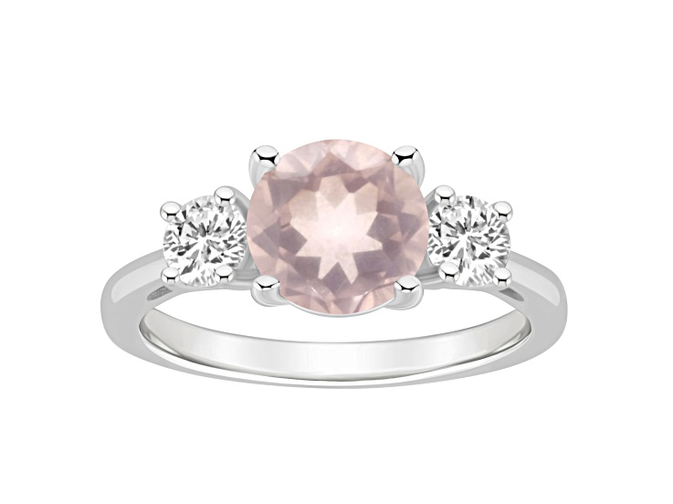 8mm Round Rose Quartz And White Topaz Rhodium Over Sterling Silver 3-Stone Ring