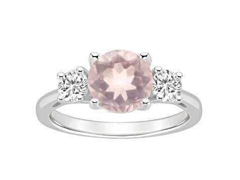 8mm Round Rose Quartz And White Topaz Rhodium Over Sterling Silver 3-Stone Ring