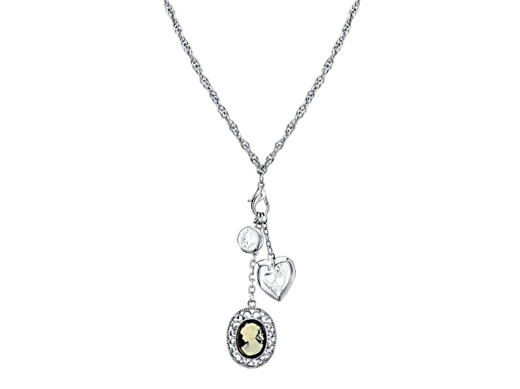 1928 Jewelry Silver Tone Heart and Black Oval Cameo Charm Necklace