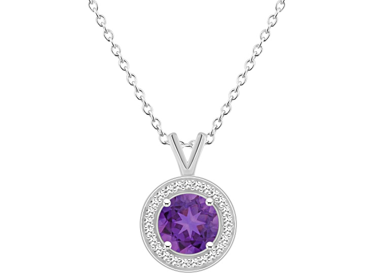 7mm Round Amethyst 1/8 ctw Diamond Rhodium Over Sterling Silver Halo Pendant with Chain