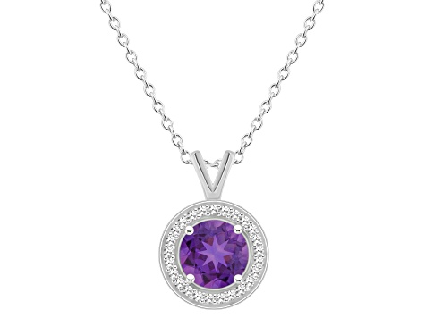 7mm Round Amethyst 1/8 ctw Diamond Rhodium Over Sterling Silver Halo Pendant with Chain