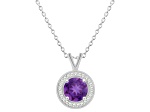 7mm Round Amethyst 1/8 ctw Diamond Rhodium Over Sterling Silver Halo Pendant with Chain