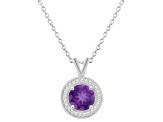 7mm Round Amethyst 1/8 ctw Diamond Rhodium Over Sterling Silver Halo Pendant with Chain