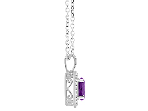 7mm Round Amethyst 1/8 ctw Diamond Rhodium Over Sterling Silver Halo Pendant with Chain