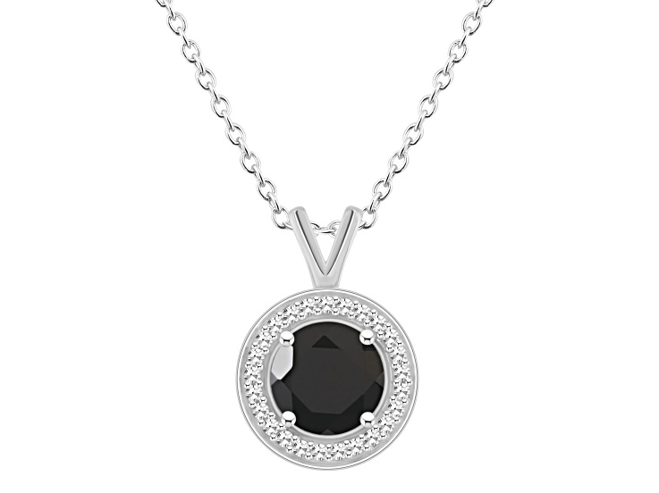 7mm Round Black Onyx 1/8 ctw Diamond Rhodium Over Sterling Silver Halo Pendant with Chain