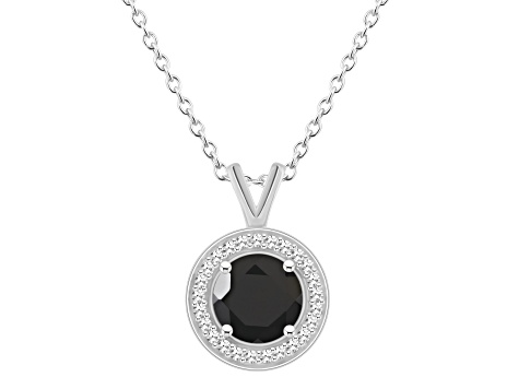 7mm Round Black Onyx 1/8 ctw Diamond Rhodium Over Sterling Silver Halo Pendant with Chain