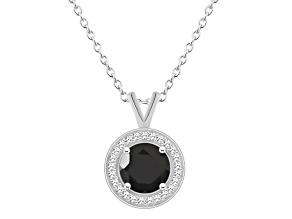 7mm Round Black Onyx 1/8 ctw Diamond Rhodium Over Sterling Silver Halo Pendant with Chain