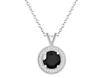 7mm Round Black Onyx 1/8 ctw Diamond Rhodium Over Sterling Silver Halo Pendant with Chain
