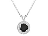 7mm Round Black Onyx 1/8 ctw Diamond Rhodium Over Sterling Silver Halo Pendant with Chain