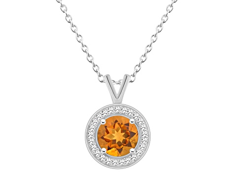 7mm Round Citrine 1/8 ctw Diamond Rhodium Over Sterling Silver Halo Pendant with Chain