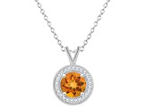 7mm Round Citrine 1/8 ctw Diamond Rhodium Over Sterling Silver Halo Pendant with Chain