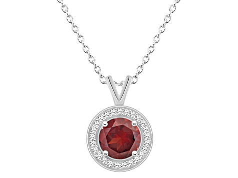 7mm Round Garnet 1/8 ctw Diamond Rhodium Over Sterling Silver Halo Pendant with Chain