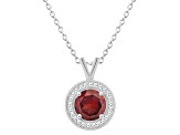 7mm Round Garnet 1/8 ctw Diamond Rhodium Over Sterling Silver Halo Pendant with Chain