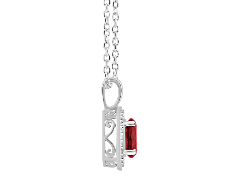 7mm Round Garnet 1/8 ctw Diamond Rhodium Over Sterling Silver Halo Pendant with Chain