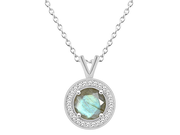 7mm Round Labradorite 1/8 ctw Diamond Rhodium Over Sterling Silver Halo Pendant with Chain