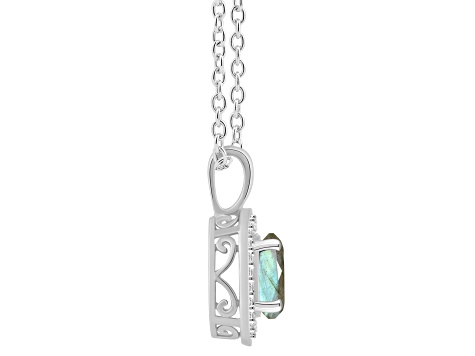 7mm Round Labradorite 1/8 ctw Diamond Rhodium Over Sterling Silver Halo Pendant with Chain