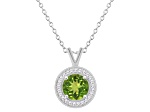 7mm Round Peridot 1/8 ctw Diamond Rhodium Over Sterling Silver Halo Pendant with Chain