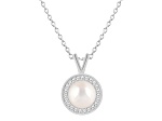 7mm Cultured Freshwater Pearl 1/8 ctw Diamond Rhodium Over Sterling Silver Halo Pendant with Chain