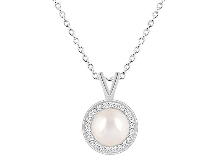 7mm Cultured Freshwater Pearl 1/8 ctw Diamond Rhodium Over Sterling Silver Halo Pendant with Chain