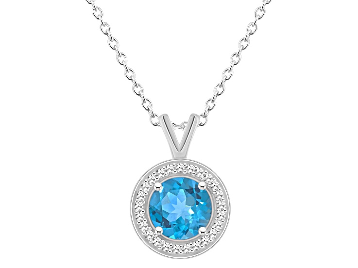 7mm Round Blue Topaz 1/8 ctw Diamond Rhodium Over Sterling Silver Halo Pendant with Chain