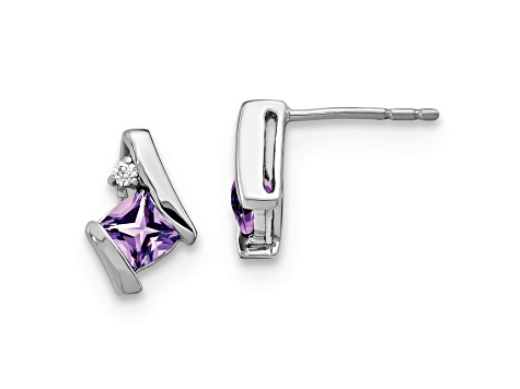 Rhodium Over 10k White Gold 0.64ctw Cushion Amethyst February Birthstone and Diamond Stud Earrings