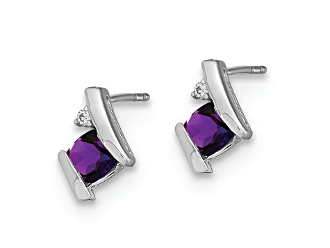 Rhodium Over 10k White Gold 0.64ctw Cushion Amethyst February Birthstone and Diamond Stud Earrings