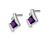 Rhodium Over 10k White Gold 0.64ctw Cushion Amethyst February Birthstone and Diamond Stud Earrings