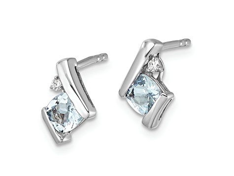 Rhodium Over 10k White Gold 0.64ctw Cushion Aquamarine March Birthstone and Diamond Stud Earrings