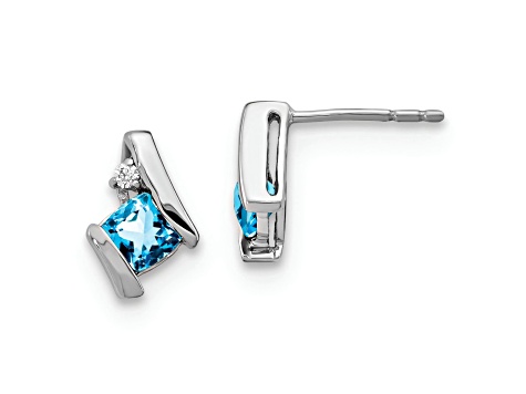 Rhodium Over 10k White Gold 0.64ctw Cushion Blue Topaz Birthstone and Diamond Stud Earrings