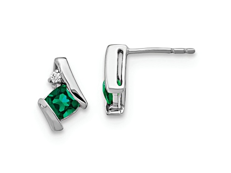 Rhodium Over 10k White Gold 0.64ctw Lab Created Emerald Birthstone and Diamond Stud Earrings