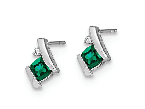 Rhodium Over 10k White Gold 0.64ctw Lab Created Emerald Birthstone and Diamond Stud Earrings