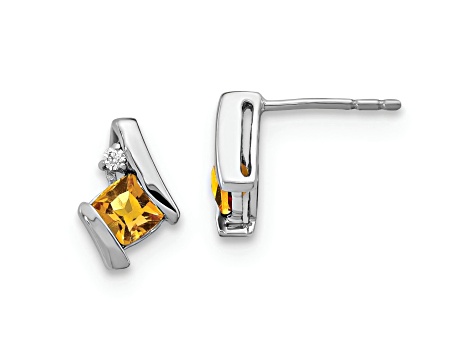 Rhodium Over 10k White Gold 0.64ctw Cushion Citrine November Birthstone and Diamond Stud Earrings