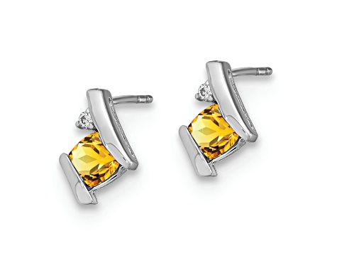 Rhodium Over 10k White Gold 0.64ctw Cushion Citrine November Birthstone and Diamond Stud Earrings