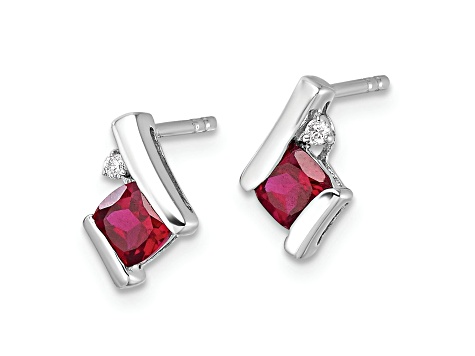 Rhodium Over 10k White Gold 0.64ctw Cushion Lab Created Ruby Birthstone and Diamond Stud Earrings