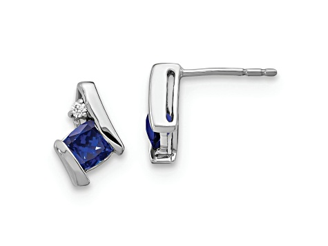 Rhodium Over 10k White Gold 0.64ctw Lab Created Sapphire Birthstone and Diamond Stud Earrings