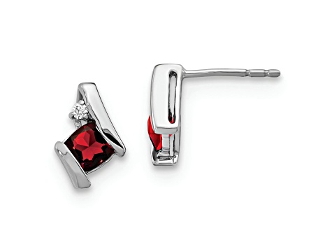 Rhodium Over 10k White Gold 0.64ctw Cushion Garnet January Birthstone and Diamond Stud Earrings