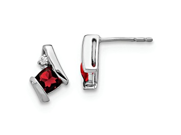 Picture of Rhodium Over 10k White Gold 0.64ctw Cushion Garnet January Birthstone and Diamond Stud Earrings