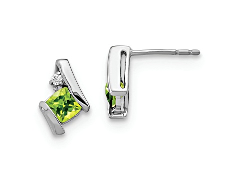 Rhodium Over 10k White Gold 0.64ctw Cushion Peridot August Birthstone and Diamond Stud Earrings