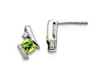 Rhodium Over 10k White Gold 0.64ctw Cushion Peridot August Birthstone and Diamond Stud Earrings