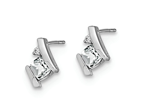 Rhodium Over 10k White Gold 0.64ctw Cushion White Topaz April Birthstone and Diamond Stud Earrings