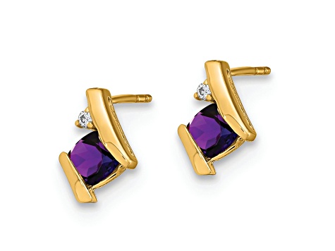 10k Yellow Gold 0.64ctw Cushion Amethyst February Birthstone and Diamond Stud Earrings