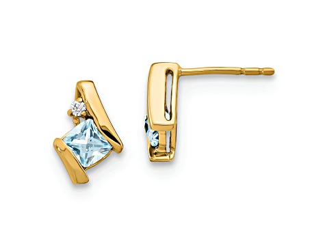 10k Yellow Gold 0.64ctw Cushion Aquamarine March Birthstone and Diamond Stud Earrings