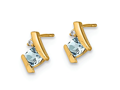 10k Yellow Gold 0.64ctw Cushion Aquamarine March Birthstone and Diamond Stud Earrings