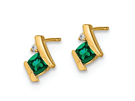 10k Yellow Gold 0.64ctw Cushion Lab Created Emerald May Birthstone and Diamond Stud Earrings