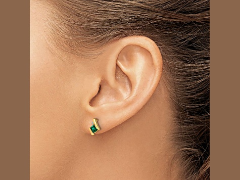 10k Yellow Gold 0.64ctw Cushion Lab Created Emerald May Birthstone and Diamond Stud Earrings