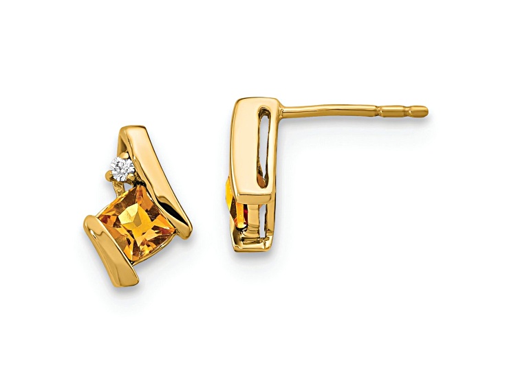 10k Yellow Gold 0.64ctw Cushion Citrine November Birthstone and Diamond Stud Earrings